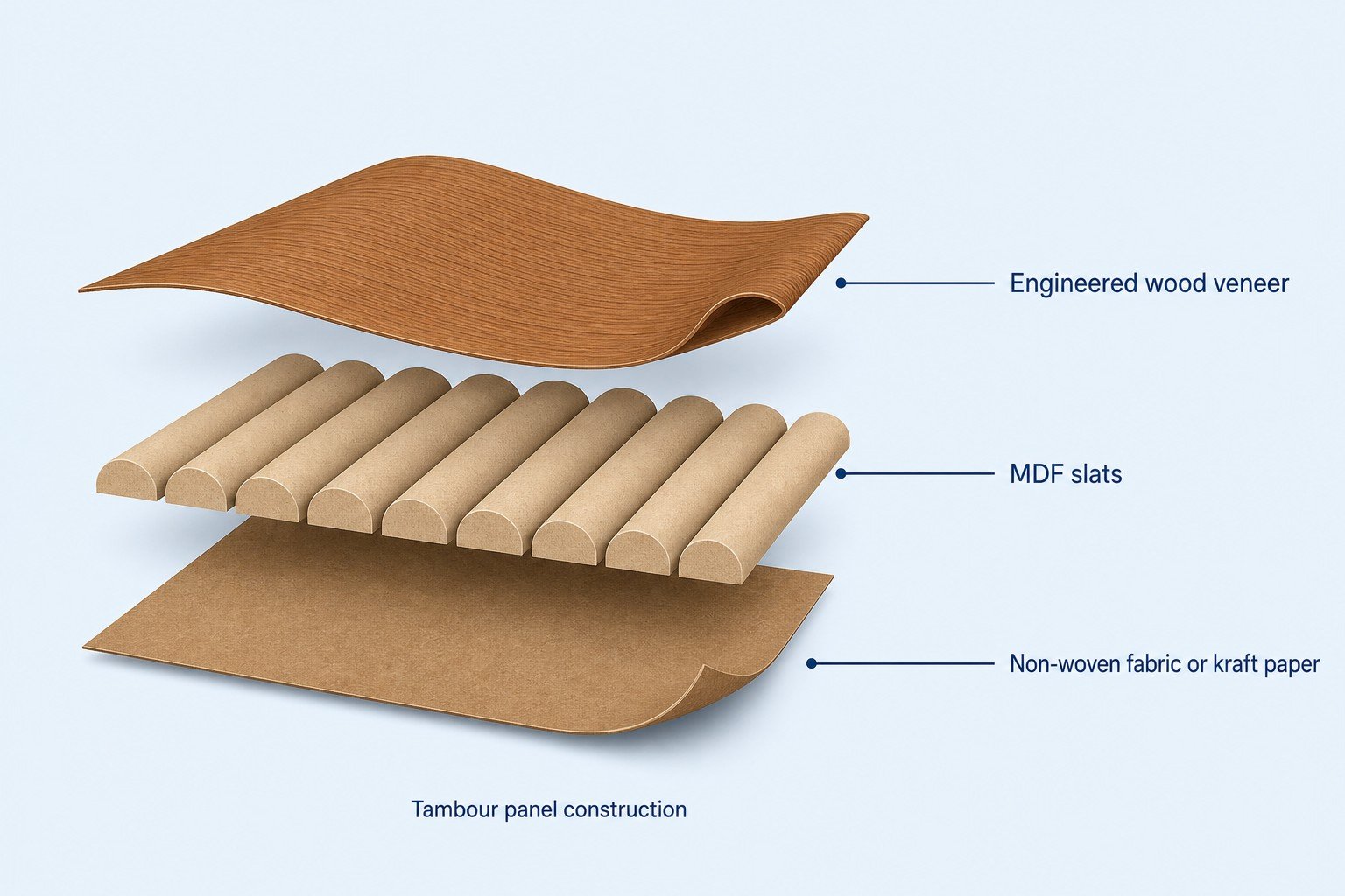 Tambour panel layer structure showing engineered wood veneer, MDF slats and non-woven fabric or kraft paper backing