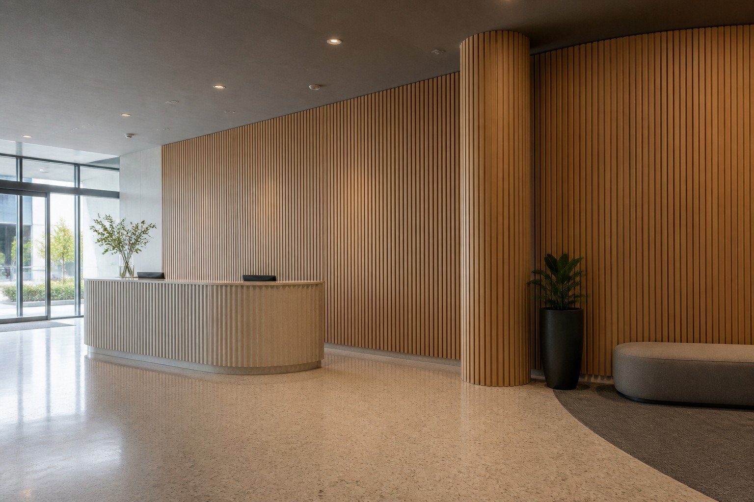 Tambour panels installed on a curved hotel lobby feature wall and column