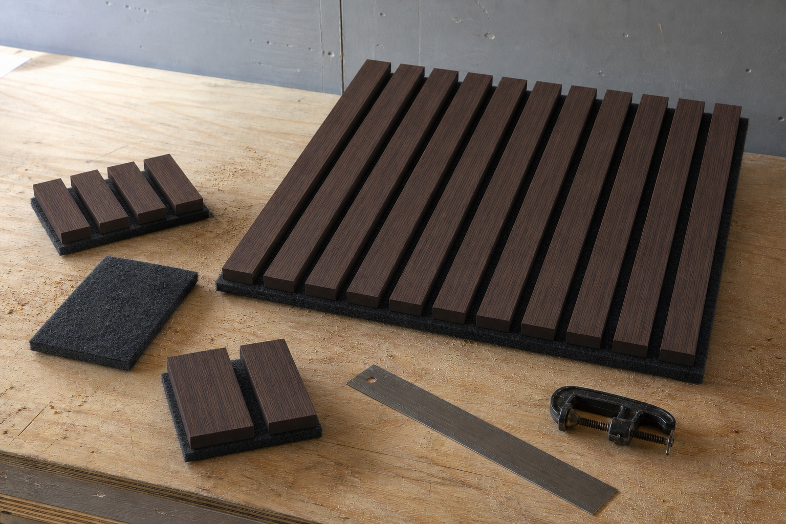 wood slats fixed directly to black acoustic felt backing