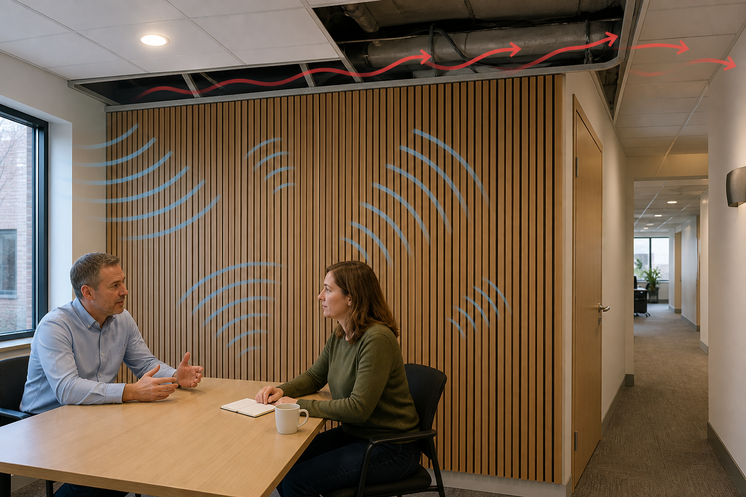 Acoustic wall panels reducing reflections while above-ceiling flanking transmission remains