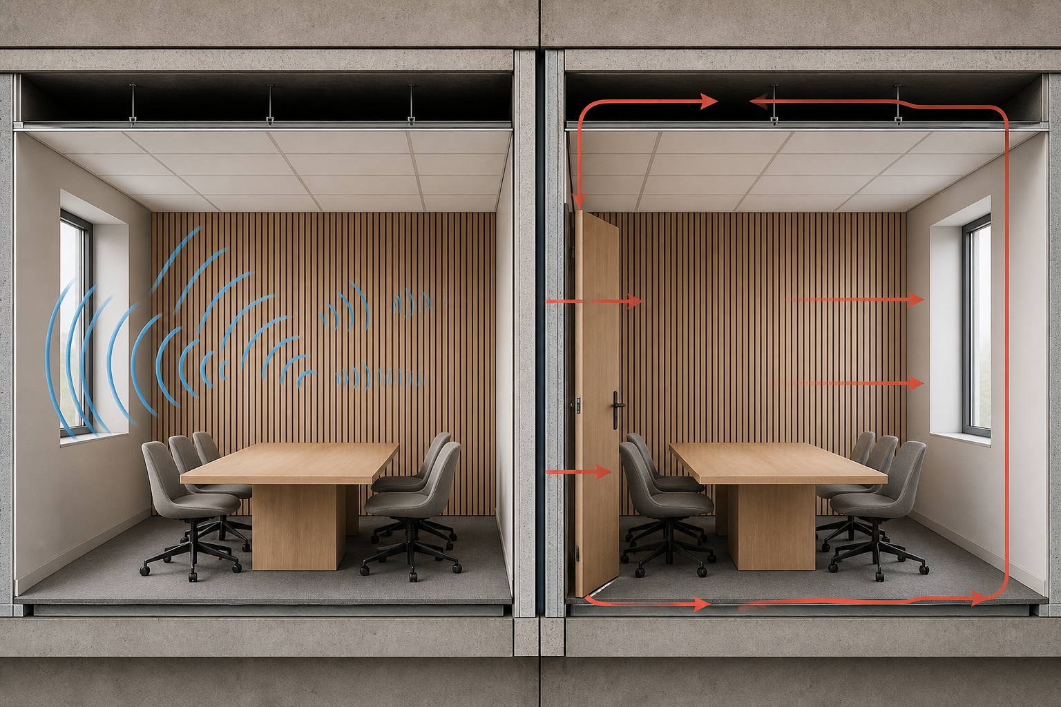 Comparison of in-room sound absorption and sound transmission through flanking paths