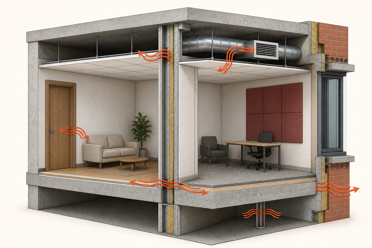 Building section showing flanking paths through ceiling floor duct and façade junctions