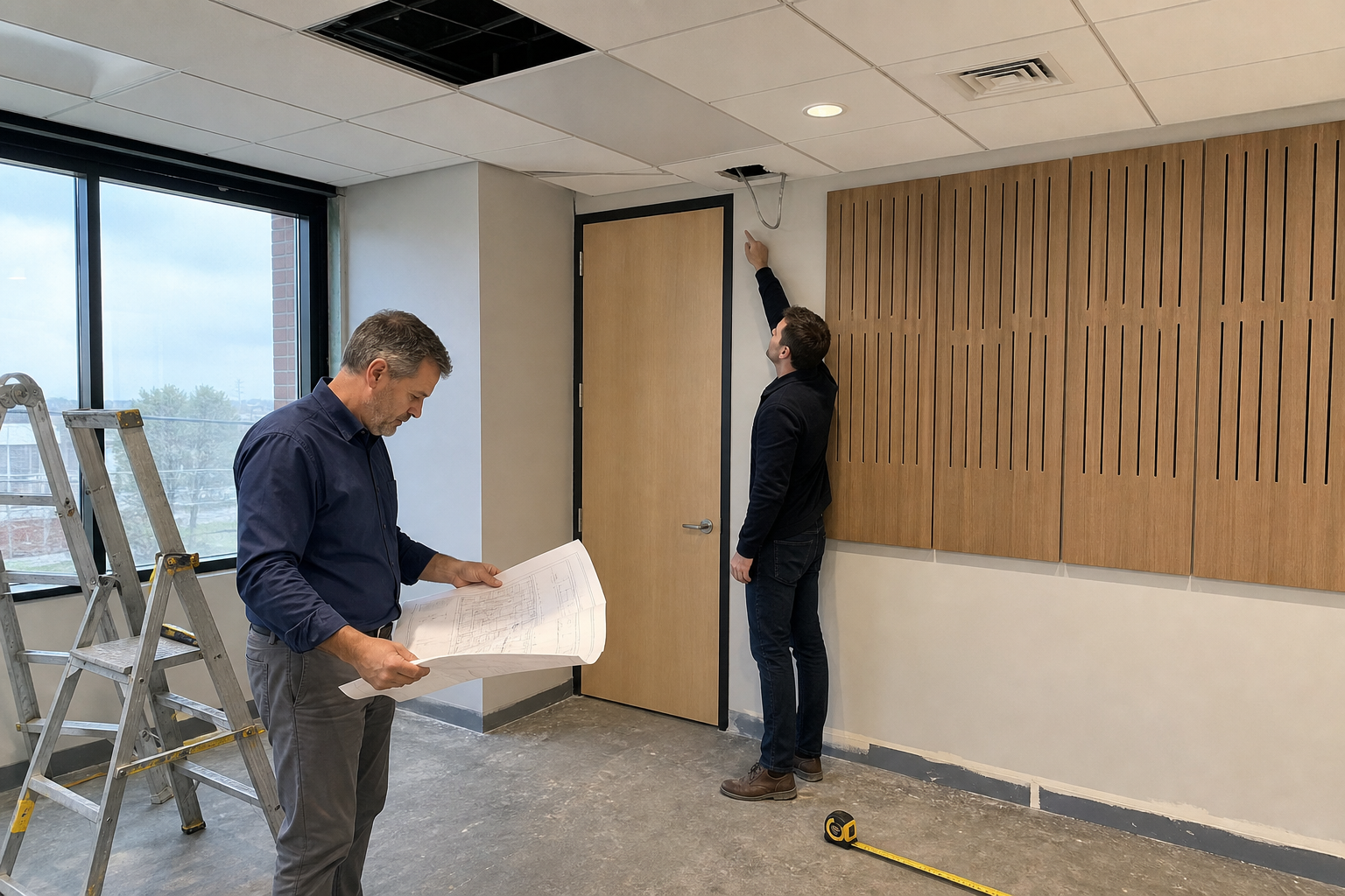 Architect and acoustic consultant inspecting common flanking sound paths