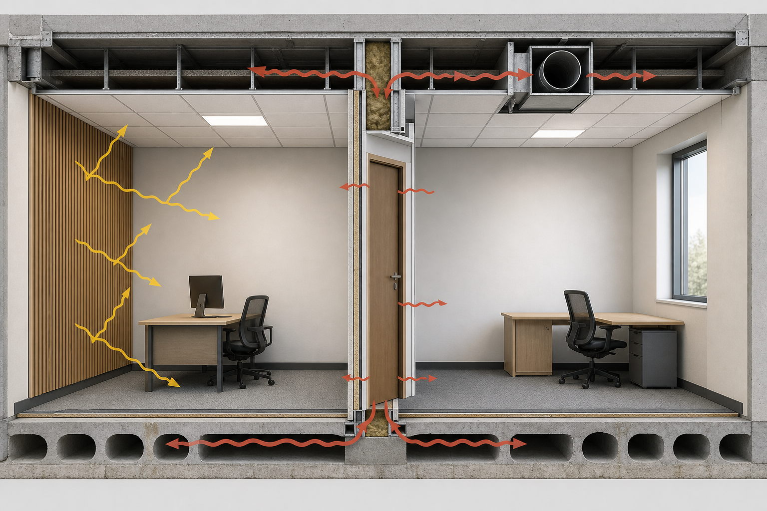 Diagram showing sound flanking above, below and around an acoustic panel wall