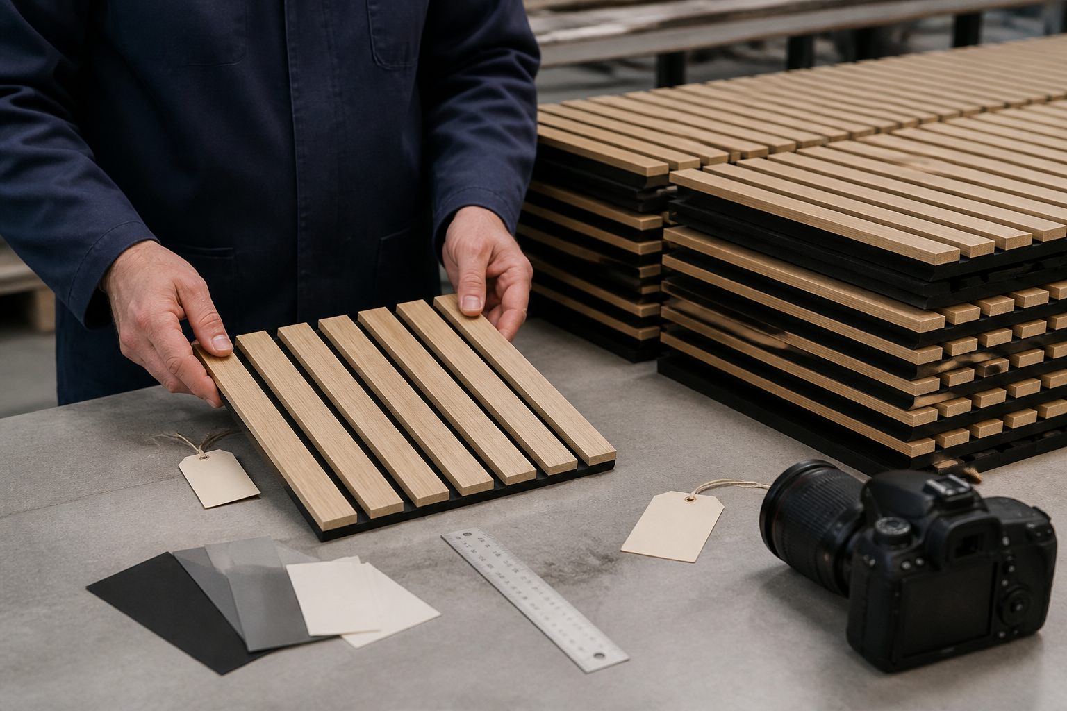 Approved wood slat panel sample beside labeled bulk-production control documents