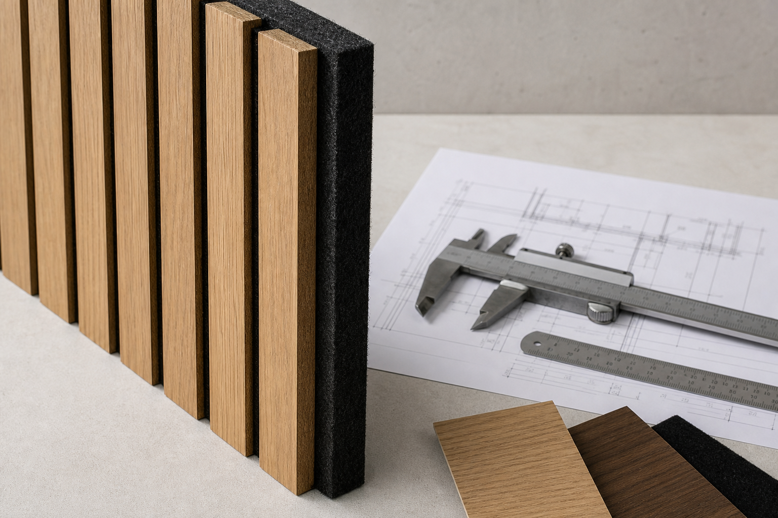 Specification sheet showing veneer slats, acoustic felt backing, and panel dimensions