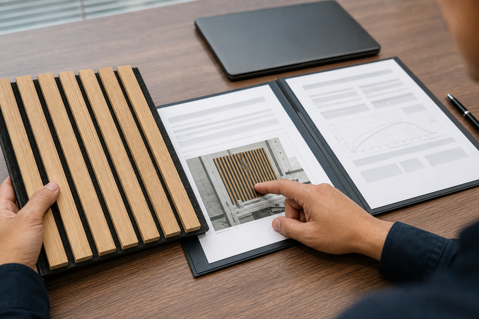 Importer checking an acoustic panel laboratory report against the quoted construction