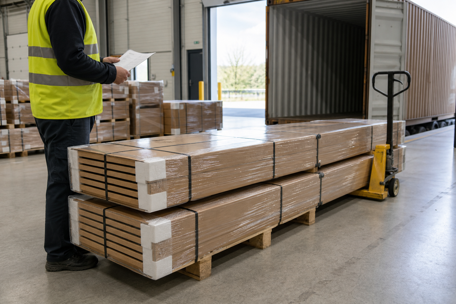Packed wood slat acoustic panels prepared for container loading and shipment checks