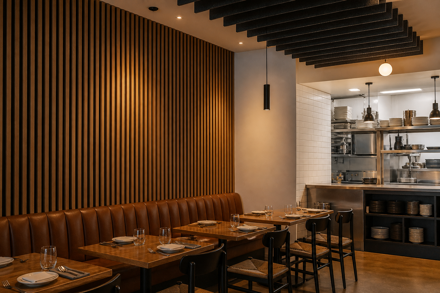 Solid wood veneer slats fixed over continuous black PET acoustic felt in dining area