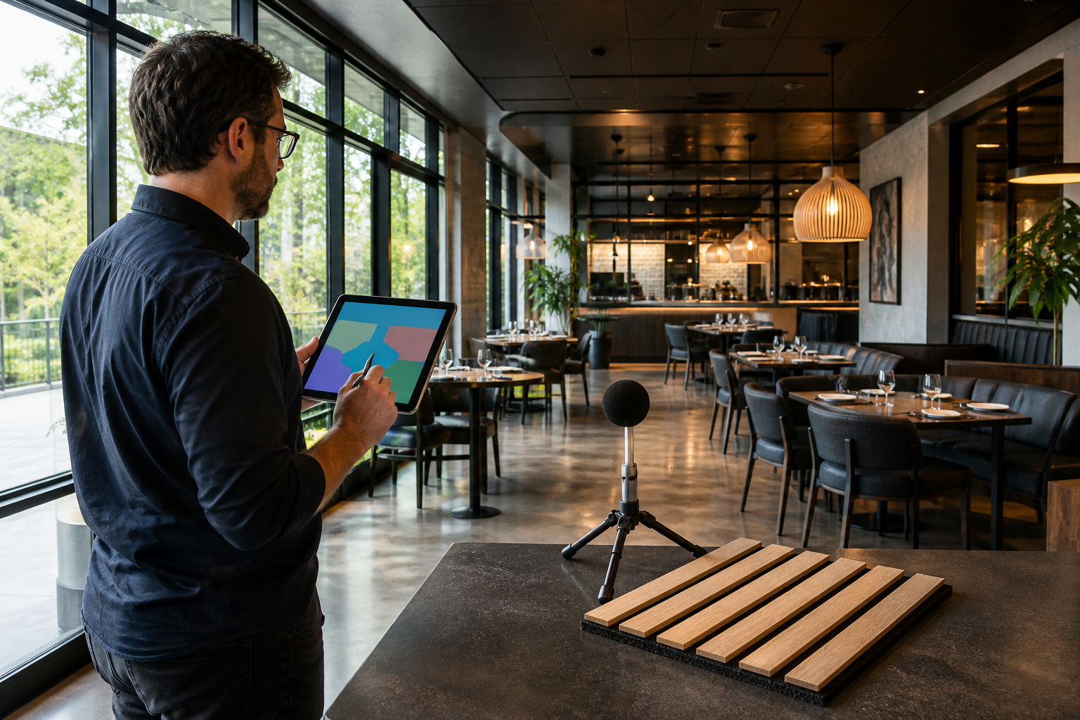 Acoustic consultant mapping restaurant reverberation and reflective surfaces