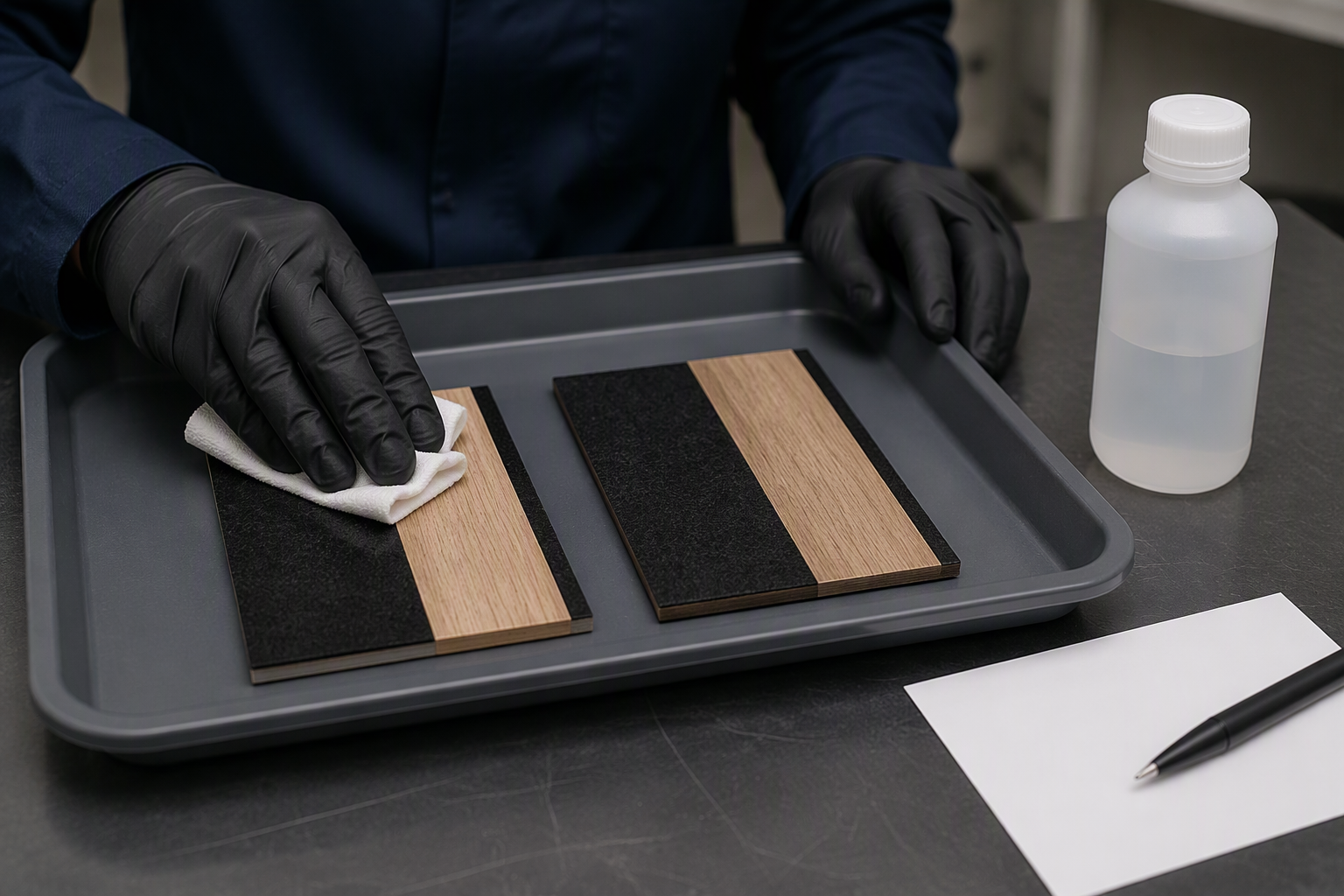 Technician testing cleaner on a sample of black PET felt acoustic panel