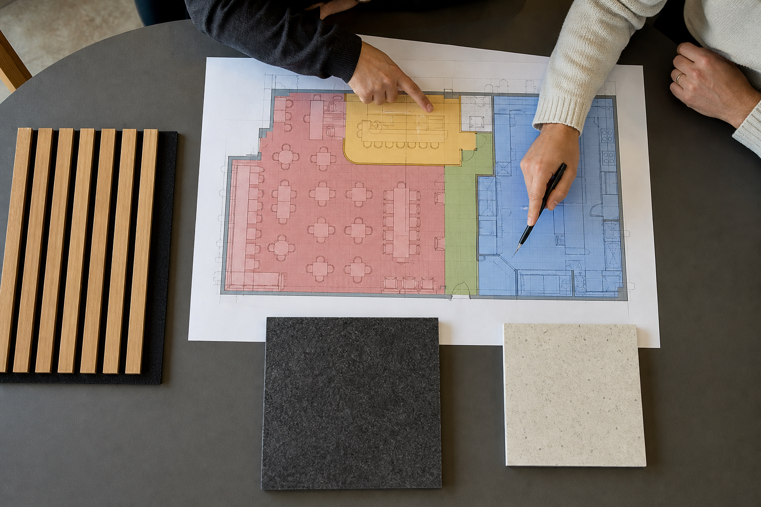 Restaurant plan divided into dining bar transition and kitchen acoustic zones